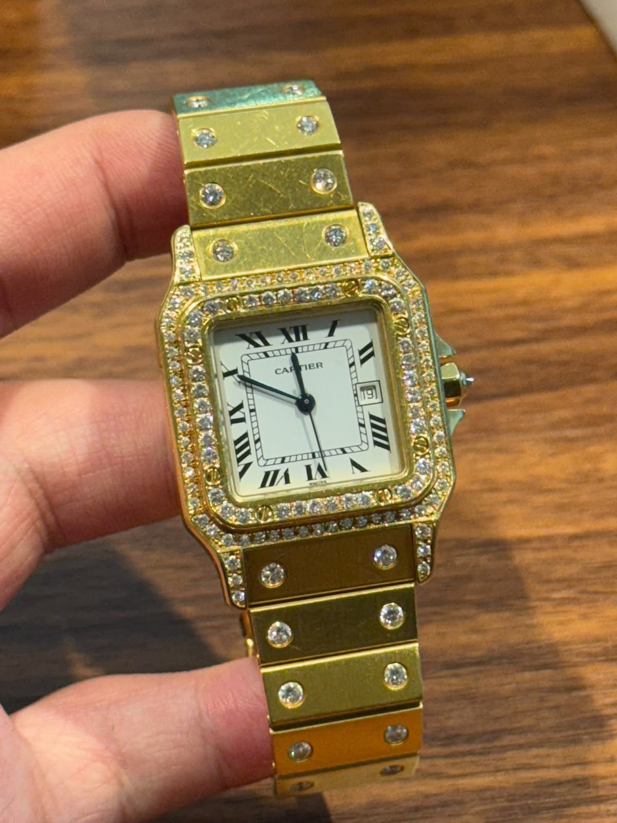 SANTOS CARRÉE YELLOWGOLD SILVER DIAL CUSTOM DIAMOND SET (WATCH ONLY)