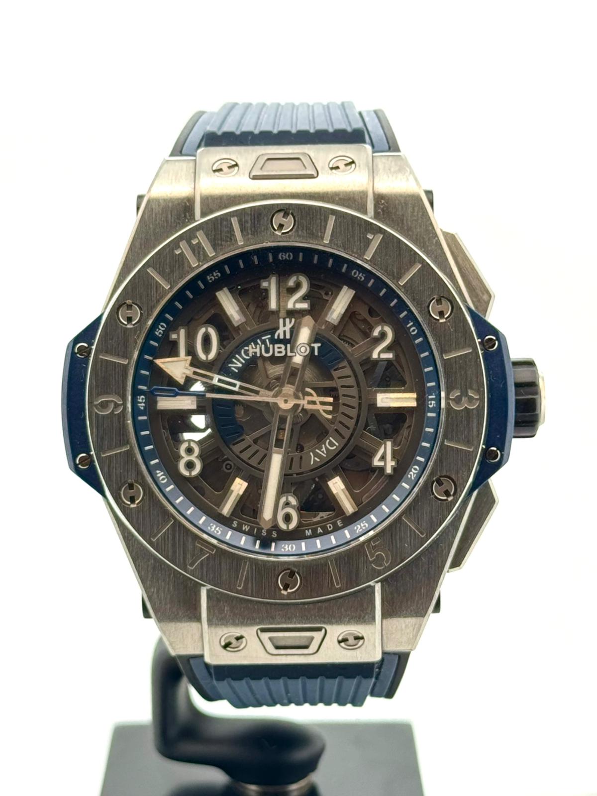 BIG BANG UNICO GMT 45MM TITANIUM BLUE GREY SKELETON DIAL (WATCH &amp; PAPER)