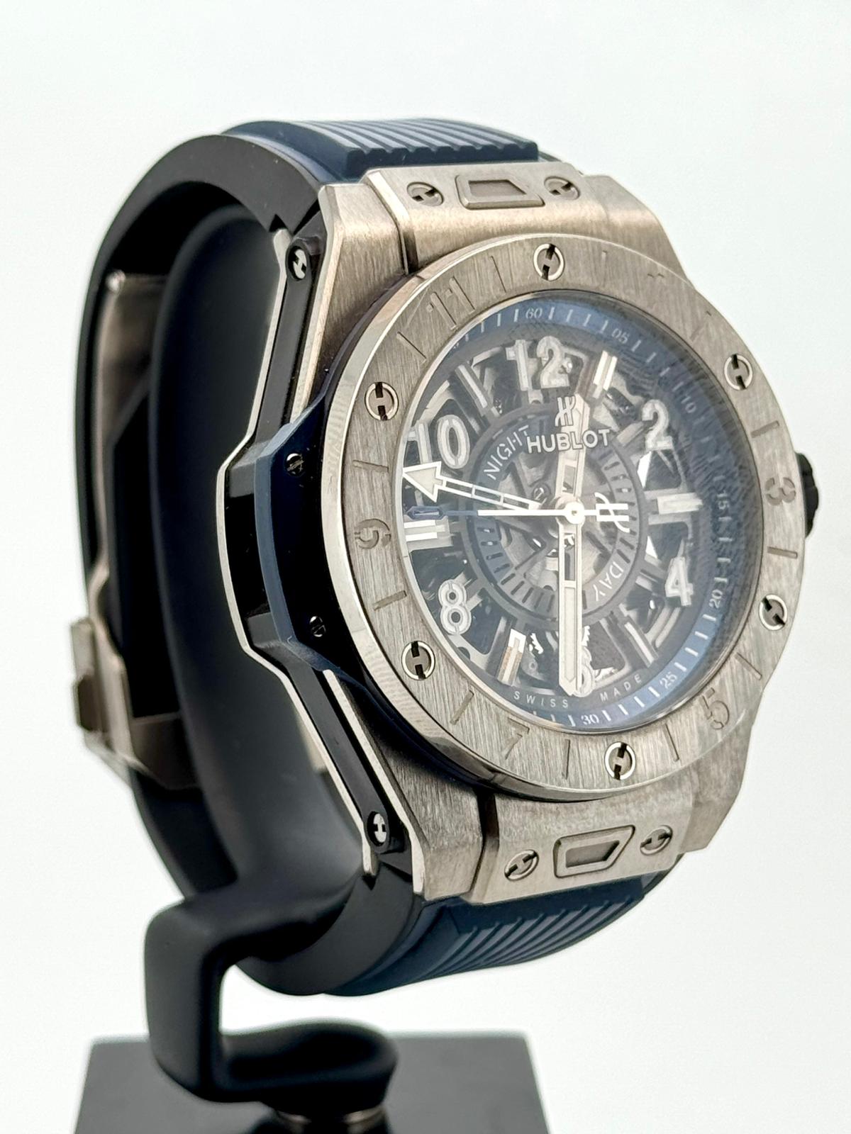 BIG BANG UNICO GMT 45MM TITANIUM BLUE GREY SKELETON DIAL (WATCH &amp; PAPER)